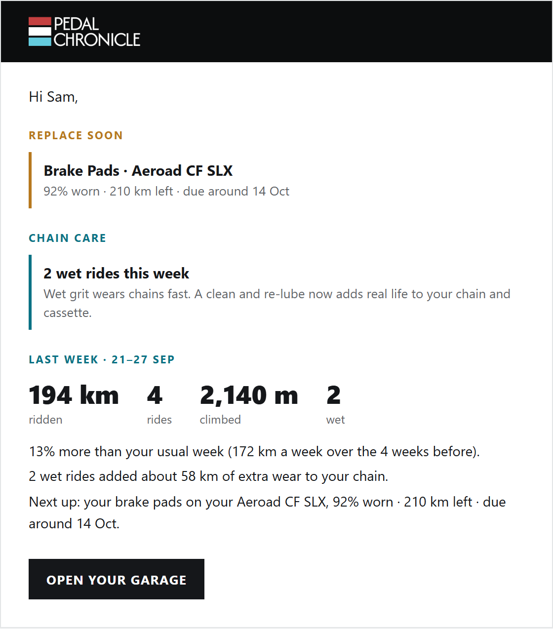 An alert email: brake pads due soon, a chain care reminder after two wet rides, and last week's summary